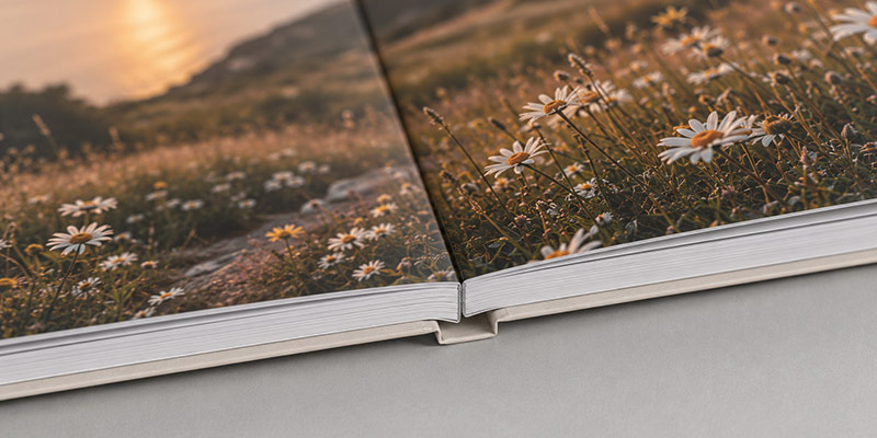 Geöffnetes Layflat Fotobuch mit nahtloser Panorama-Doppelseite
